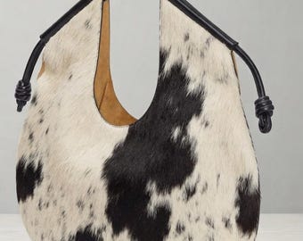 Cowhide Hobo Bag, Cow Print Knot Handle Purse, Genuine Leather Handbag, Western Boho Bag, Black White Hide, Gift For Her.