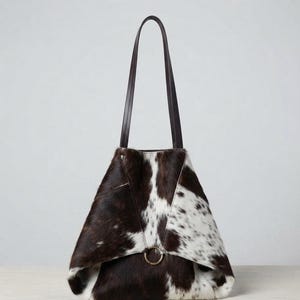 Cowhide Tote Bag, Hair on Hide Leather Purse, Western Boho Shoulder Bag, Brown White Cow Print Handbag, Gift for Her.