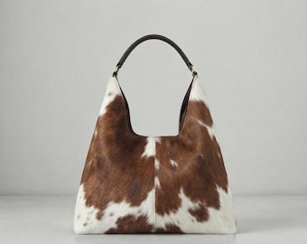 Cowhide Hobo Bag, Cow Print Slouchy Purse, Hair on Hide Leather Handbag, Rounded Shoulder Bag, Western Boho Purse, Gift for Her.