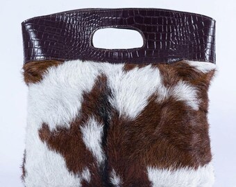 Cowhide Clutch Bag, Croc Embossed Leather Handbag, Hair On Hide Purse, Gift for Her