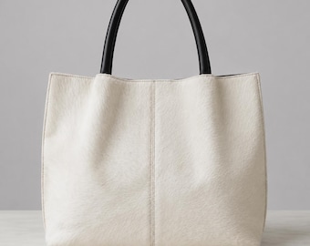 Ivory Cowhide Leather Tote Bag, Cream Hair on Hide Purse, Oversized Slouchy Shoulder Bag, Brown Handle Tote, Statement Gift.