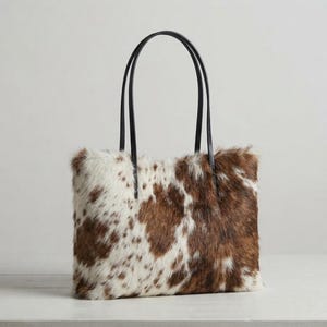 Cowhide Tote Bag, Cow Print Leather Tote, Genuine Leather Handbag, Western Boho Bag, Brown White Hair On Hide, Gift For Her.