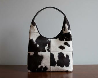 Cowhide Tote Bag, Patchwork Cowhide Bag, Cow Print Tote, Hair on Hide Shoulder Bag Black White