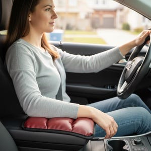 以下が含まれることがあります： センターコンソールに赤いキルティングアームレストクッションがある車の内装。 クッションは長方形でキルティング加工が施されています。 ドライバーはグレーの長袖シャツとジーンズを着て、ハンドルを握っています。