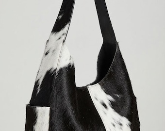 Genuine Cowhide Round Hobo Bag, Slouchy Leather Shoulder Purse With Side Pocket, Black White Cow Print, Western Gift.