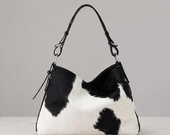 Cowhide Hobo Bag, Cow Print Shoulder Purse, Hair on Hide Leather Handbag, Silver Ring Hardware Bag, Western Boho Bag, Gift for Her.