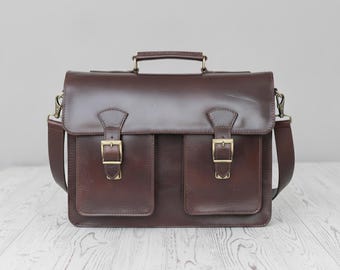 Leather Messenger Bag, Dark Brown Briefcase, Dual Buckle Front Pockets, Handmade Crossbody Laptop Bag, Gift for Him