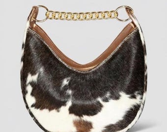 Genuine Hair-on Cowhide Leather Shoulder Bag, Gold Chain Strap Hobo Purse Y2K Western  Style Bag, Minimalist Mini Crescent