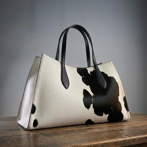 Structured wide-format cowhide tote bag in bold black and white cow print hair-on hide, short dual tapered black leather top handles, open-top trapeze silhouette, self-supporting, photographed front-facing on warm reclaimed wood table against grey wall.