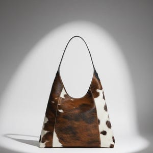 Può includere: Borsa a spalla in pelle di vacca marrone e bianca con cinturino nero. La borsa ha una parte superiore curva e una forma trapezoidale. Il motivo della pelle di vacca è un mix di macchie marroni e bianche.