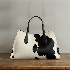 Puede incluir: Un bolso estructurado con un patrón de manchas de vaca en blanco y negro en el exterior. El bolso tiene una abertura superior ancha y curva, y dos asas finas de cuero negro sólido unidas a los paneles frontal y posterior con pestañas.
