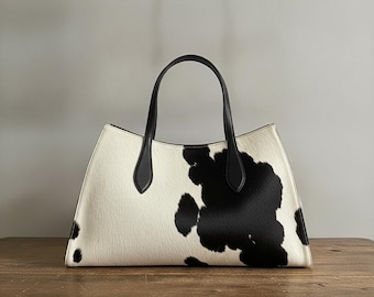 Cowhide Tote Bag, Black White Hair On Hide, Handmade Structured Leather Top Handle Tote, Gift Her