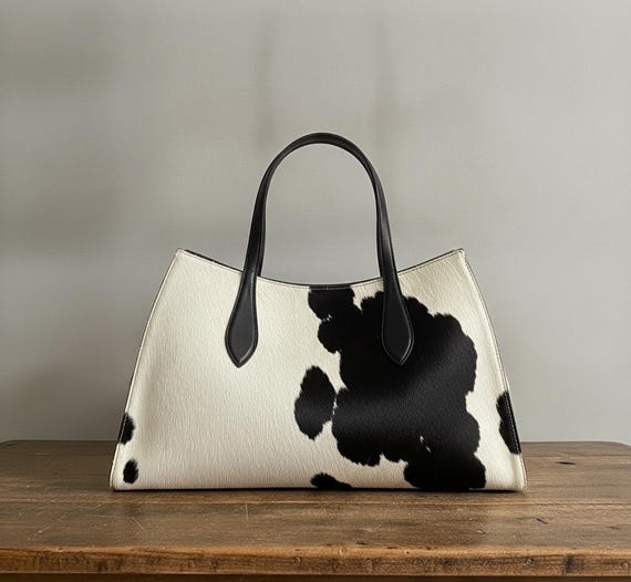 Cowhide Tote Bag, Black White Hair On Hide, Handmade Structured Leather Top Handle Tote, Gift Her