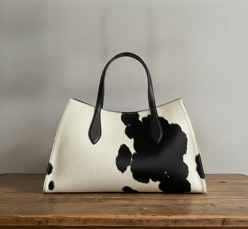 Structured wide-format cowhide tote bag in bold black and white cow print hair-on hide, short dual tapered black leather top handles, open-top trapeze silhouette, self-supporting, photographed front-facing on warm reclaimed wood table against grey wall.