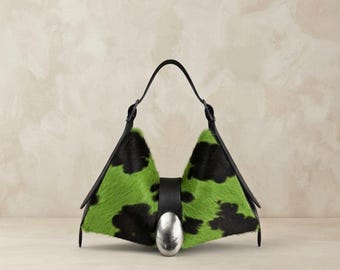 Hair On Hide Purse, Genuine Cowhide Shoulder Bag, Green Cow Print Leather Handbag, Western Boho Gift For Her, Silver Hardware