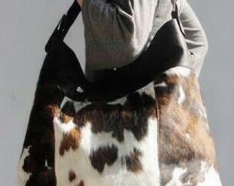 Cowhide Hobo Bag, Hair On Hide Shoulder Bag, Brown White Leather Purse, Gift for Her