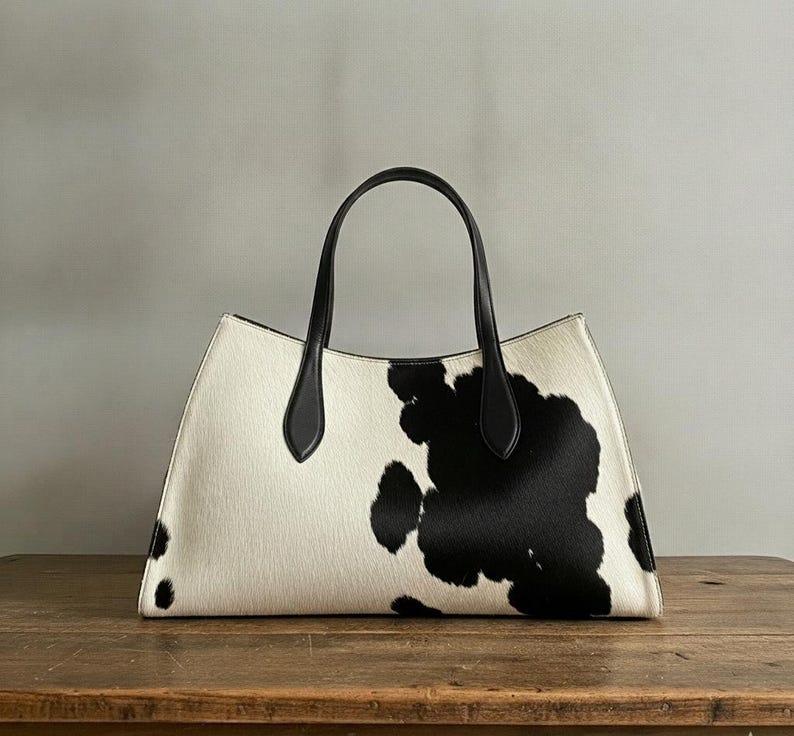 Structured wide-format cowhide tote bag in bold black and white cow print hair-on hide, short dual tapered black leather top handles, open-top trapeze silhouette, self-supporting, photographed front-facing on warm reclaimed wood table against grey wall.