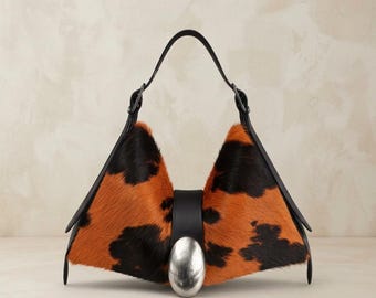 Hair On Hide Purse, Genuine Cowhide Shoulder Bag, Orange tiger Print Leather Handbag, Western Boho Gift For Her, Silver Hardware