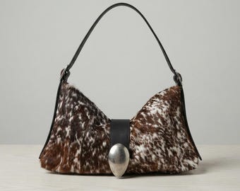 Cowhide Shoulder Bag, Brown White Hair On Hide Purse, Speckled Cow Print Handbag, Western Boho Gift For Her