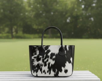 Cowhide Shoulder Bag – Black White Hair On Leather Purse –Handmade Handbag for Women