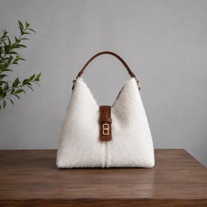 Hair On Hide Hobo Bag, Cream Shearling Shoulder Bag, Genuine Leather Slouchy Purse, Cognac Handle Statement Bag, Handmade Gift.
