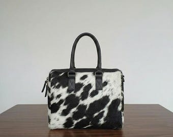Cowhide Handbag,Hair on Hide Handbag, Cow Print Top Handle Bag, Leather Purse Women