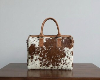 cowhide Handbag, Hair on Hide Bag, Structured Leather Purse, Boxy Leather handlebag, Gift for Her