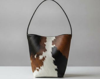 Cowhide Bucket Bag, Hair on Hide shoulder bag, leather slouchy bag ,Western sling  Purse