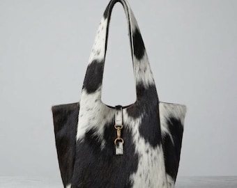 Cowhide Tote Bag, Black White Hair On Hide Leather, Western Shoulder Purse, Boho Rustic Handbag, Unique Gift For Her.