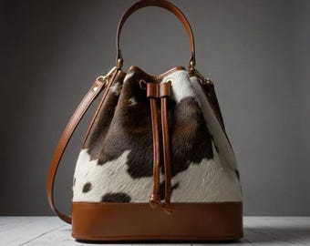 Cowhide Bucket Bag, Hair On Hide Leather Drawstring Bag, Crossbody Shoulder Bag Women, Handmade Boho Purse, Gift For Her
