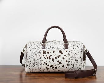 Cowhide Duffel Bag, Hair on Hide Weekender, Leather Travel Bag, Spotted Cowhide Overnight Bag