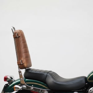 Könnte beinhalten: Eine braune Motorrad-Rückenlehne aus Leder mit gepolstertem Design und Chromstützen. Die Rückenlehne ist an einem schwarzen Motorradsitz und einer grün-goldenen Motorradkarosserie befestigt.