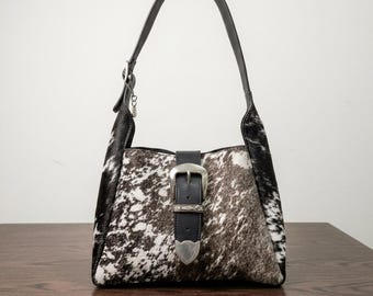 Western Cowhide Bag, Cowhide Buckle Purse, Hair on Hide Shoulder Bag, Cowgirl Hobo