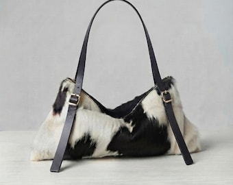 Cowhide Shoulder Bag, Cow Print Hobo Purse, Slouchy Leather Handbag, Western Boho Bag, Genuine Hair On Hide Purse.