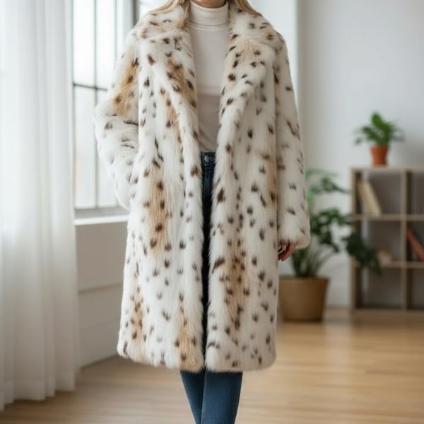 Płaszcz damski ze sztucznego futra z nadrukiem w panterkę, długa, puszysta kurtka zimowa, wygodna, oversize'owa odzież wierzchnia w zwierzęcy wzór, miękki i ciepły płaszcz w stylu vintage