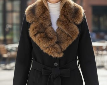 Women's Black Faux Fur Collar Coat with Belt, Elegant Winter Wrap Jacket for Cold Weather Style, chic outerwear, luxury outerwear fashion