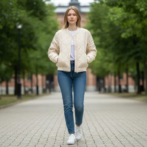 Könnte beinhalten: Eine Person trägt eine cremefarbene, gesteppte Bomberjacke, ein weißes T-Shirt und blaue Jeans. Sie geht auf einem mit Bäumen gesäumten Backsteinweg. Die Jacke hat ein Rautenmuster und einen gerippten Saum. Weiße Turnschuhe vervollständigen das Outfit.