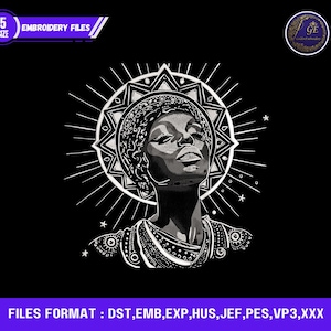 Può includere: Illustrazione in bianco e nero di una donna con un'aureola, che guarda verso l'alto. L'immagine include il testo "5 SIZE EMBROIDERY FILES" e "FILES FORMAT: DST, EMB, EXP, HUS, JEF, PES, VP3,XXX".