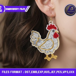 May include: A pair of white, gold, and red rooster-shaped earrings. The earrings are made of embroidered fabric and feature a detailed design. The earrings are hanging from a gold-colored hook. The image also includes text that says "2 SIZE EMBROIDERY FILES".