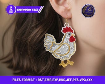 Chicken Earrings Machine Embroidery Design FSL Farm Animal Ornament In The Hoop Digital Download
