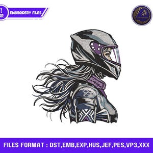 Könnte beinhalten: Ein Stickdateidesign, das eine Person mit Motorradhelm im Profil zeigt. Das Design zeigt lange Haare und eine detaillierte Jacke. Das Bild enthält den Text "EMBROIDERY FILES" und "FILES FORMAT : DST, EMB, EXP, HUS, JEF, PES, VP3,XXX".