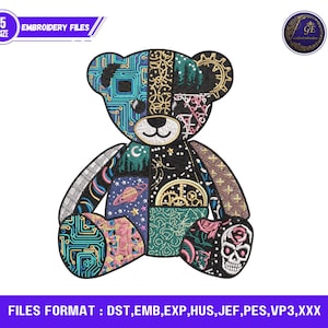 May include: A patchwork teddy bear design featuring diverse patterns like circuit boards and gears. The design includes the text "EMBROIDERY FILES" and "5 SIZE". This is a digital embroidery file, perfect for crafting projects.