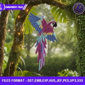 May include: A colorful embroidered parrot ornament with outstretched wings, featuring shades of purple, blue, yellow, and teal. The text "EMBROIDERY FILES" and "FILES FORMAT: DST, EMB, EXP, HUS, JEF, PES, VP3,XXX" are visible. The ornament hangs in a lush, green environment.