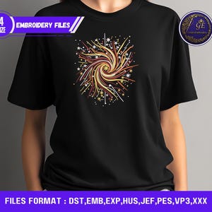 May include: Black t-shirt featuring a colorful, abstract design of a spiral with radiating lines in shades of gold, red, and white. The shirt has the text "EMBROIDERY FILES" and "FILES FORMAT : DST, EMB, EXP, HUS, JEF, PES, VP3,XXX".