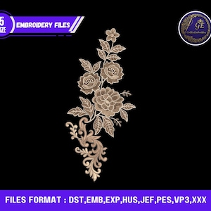 以下が含まれることがあります： ベージュと茶色の刺繍の花柄で、花、葉、渦巻き模様が詳細に描かれています。背景は黒です。上部のテキストは「5 SIZE EMBROIDERY FILES」と書かれています。下部のテキストは「FILES FORMAT : DST, EMB, EXP, HUS, JEF, PES, VP3, XXX」と書かれています。