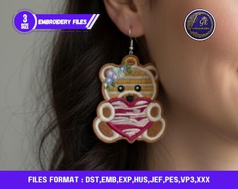 FSL Valentine teddy oorbellen borduurwerk ontwerpbestand, vrijstaande Lace Heart Bear oorbellen, machine borduurwerk sieraden patroon