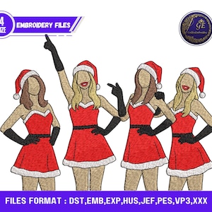 May include: An embroidery design featuring four figures in red Santa outfits with black gloves. The design includes the text "EMBROIDERY FILES" and "4 SIZE". The design is in the format of DST, EMB, EXP, HUS, JEF, PES, VP3,XXX.