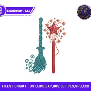 May include: An illustration of embroidery files featuring a teal witch's broom and a red star wand with a starburst design. The image includes the text "3 SIZE EMBROIDERY FILES" and "FILES FORMAT : DST, EMB, EXP, HUS, JEF, PES, VP3,XXX".