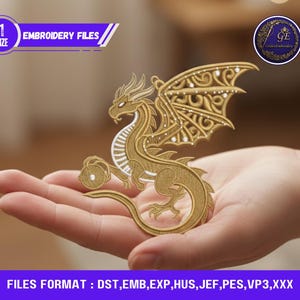 May include: A golden dragon embroidery file. The dragon has detailed wings and a curled tail. The image includes the text "EMBROIDERY FILES" and "FILES FORMAT: DST, EMB, EXP, HUS, JEF, PES, VP3,XXX".