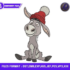 Könnte beinhalten: Ein Cartoon-Esel mit einer roten Strickmütze mit einem weißen Bommel. Der Esel ist grau mit großen Augen und einem freundlichen Lächeln. Das Bild enthält den Text "EMBROIDERY FILES" und "5 SIZE". Die Dateiformate sind als DST, EMB, EXP, HUS, JEF, PES, VP3, XXX aufgeführt.